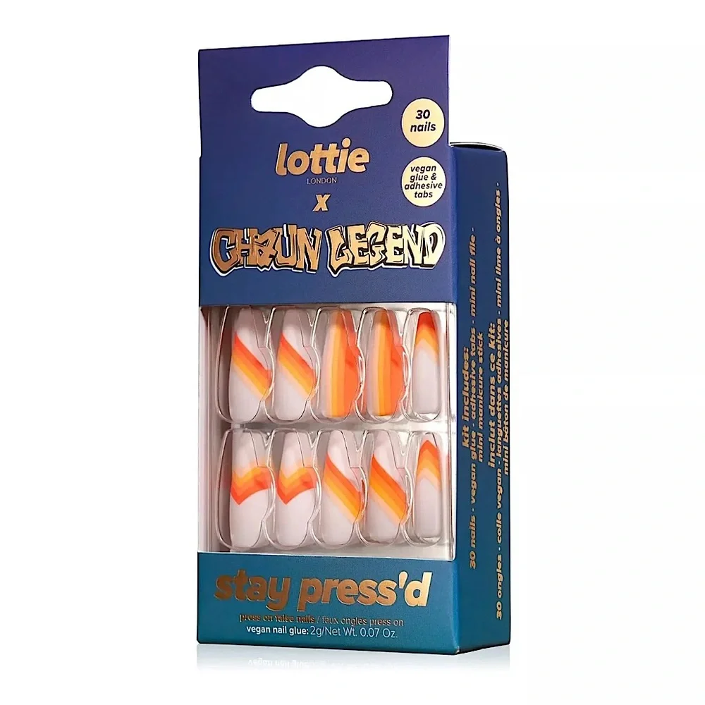 Lottie London X Chaun Legend Stay Press'd Press On Nails Orange Stripe NEW